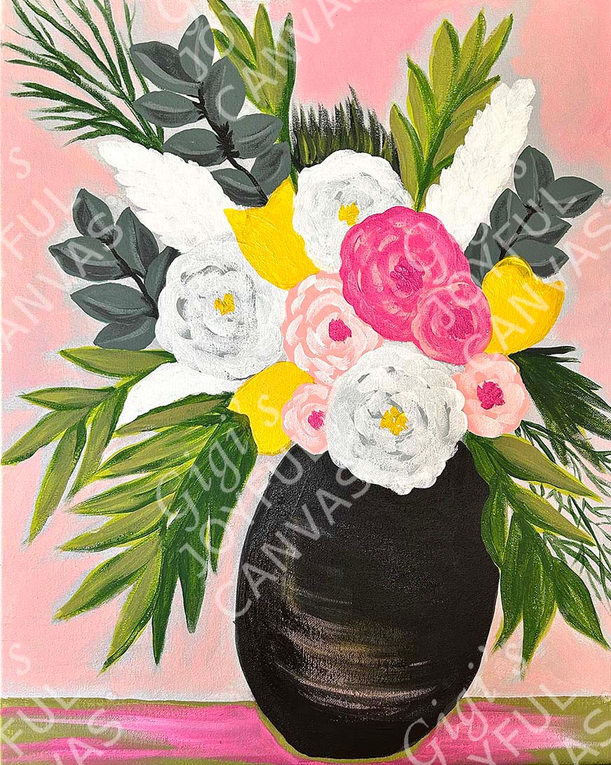 Colorful floral arrangement in a black vase, Gigi's Joyful Canvas. Paint Party Paintings