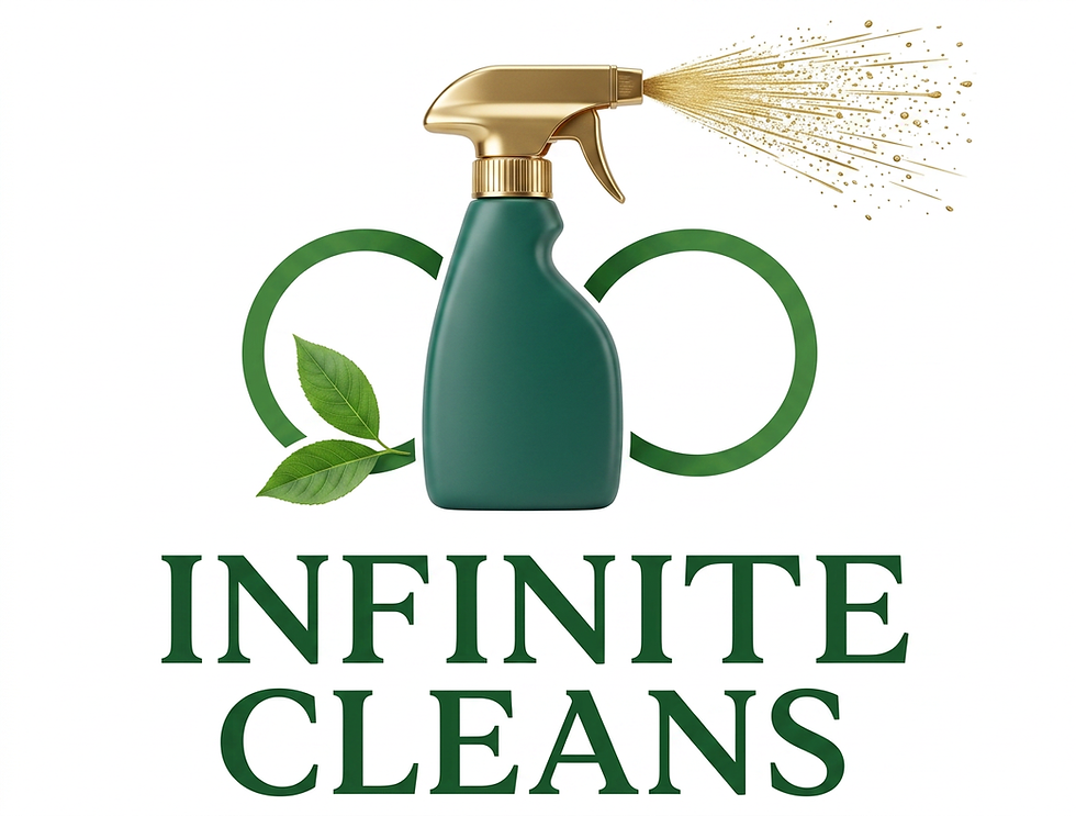 Brand logo for Infinite Cleans: green spray bottle with gold nozzle and spray, green circular arrows, and green leaves, with the text 'INFINITE CLEANS' in green serif font below.