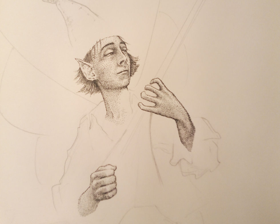 Fey at Play first Bouzouki player, pencil, pen and ink.