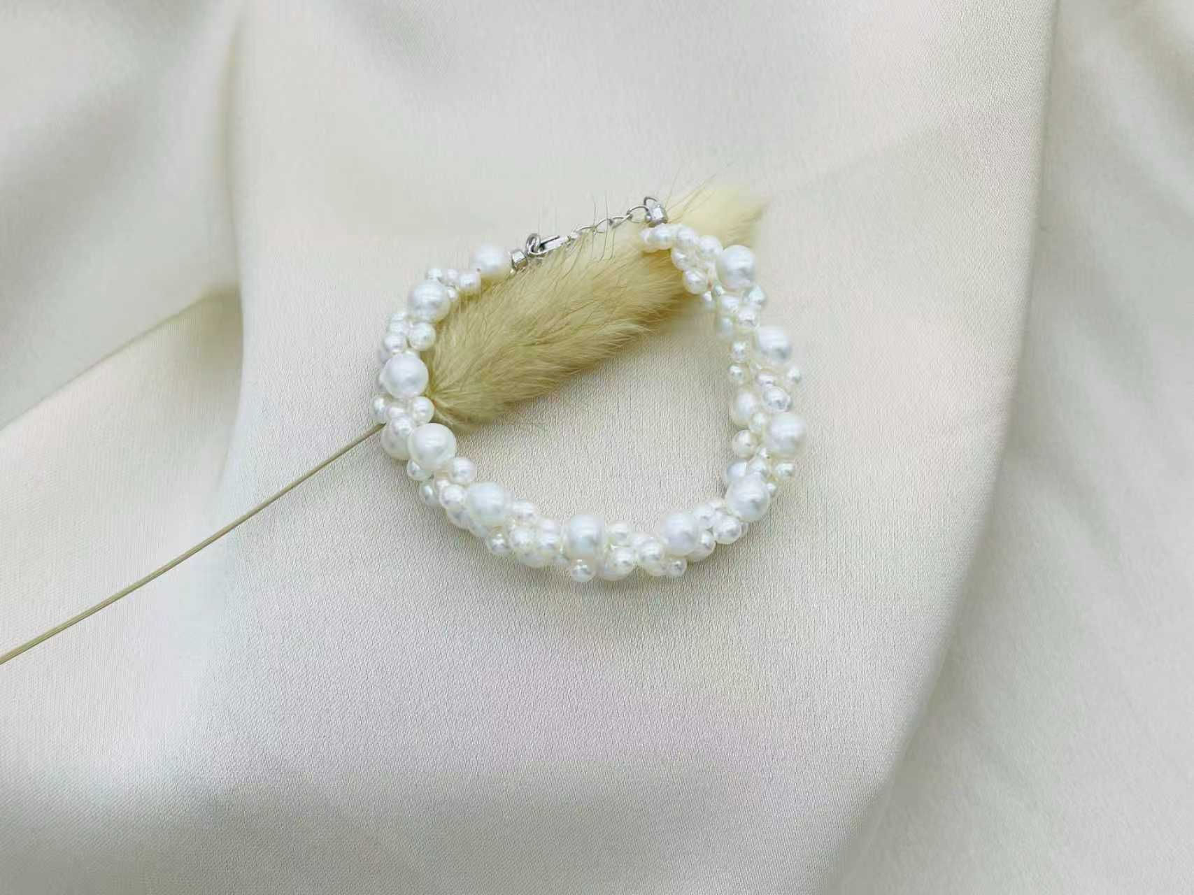 990 Sterling Silver, Natural Freshwater Pearl Braided French Bracelet