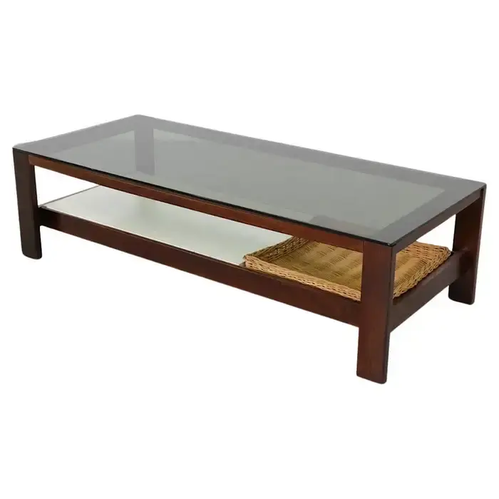 Wenge, Formica and Glass Coffee Table with Rattan Basket