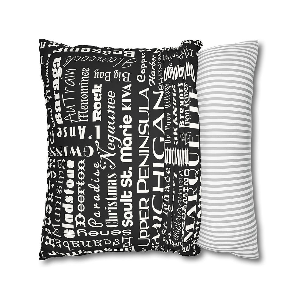 Thumbnail: Upper Peninsula Towns - White on Black Faux Suede Pillow (Case Only)