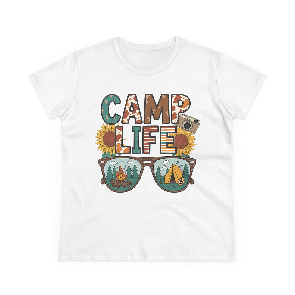 Thumbnail: Camp Life Graphic Tee — Women’s Cotton T-Shirt with Sunglasses & Tent Design