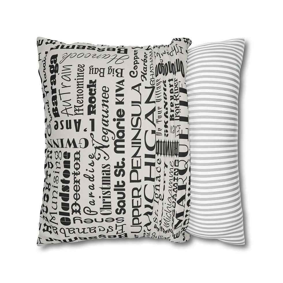 Thumbnail: Upper Peninsula Towns - Black on Gray Faux Suede Pillow (Case Only)