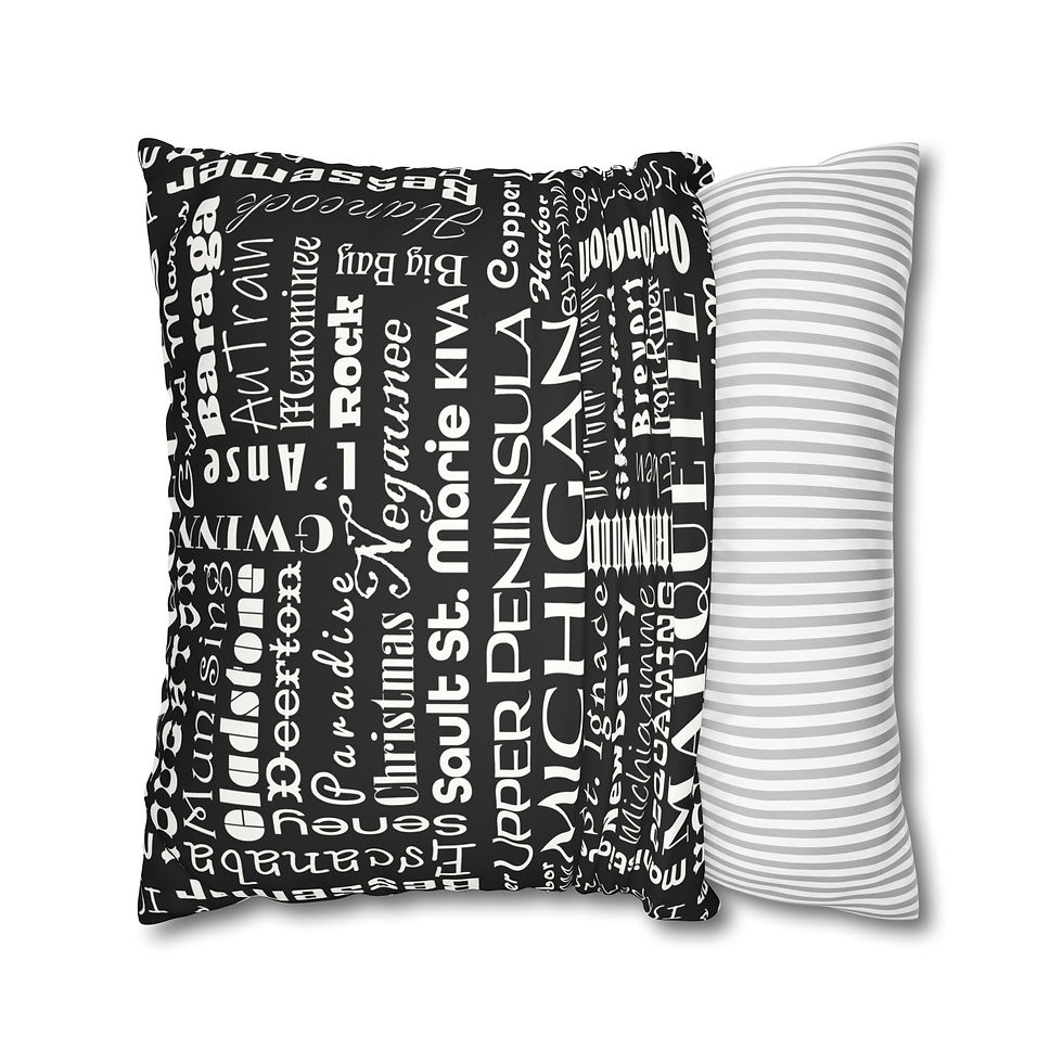 Thumbnail: Upper Peninsula Towns - White on Black Faux Suede Pillow (Case Only)