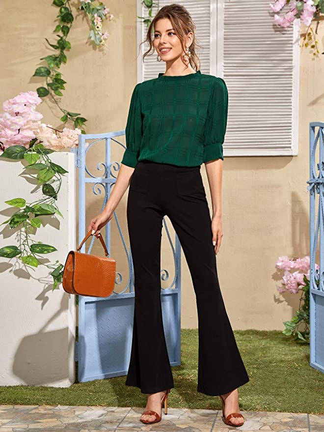 Green Top with Black Pants, Brown Heels and Handbag