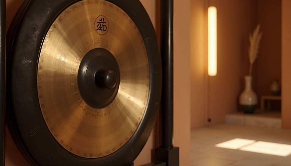 Bronze gong with black frame against a warm, peach-coloured wall.