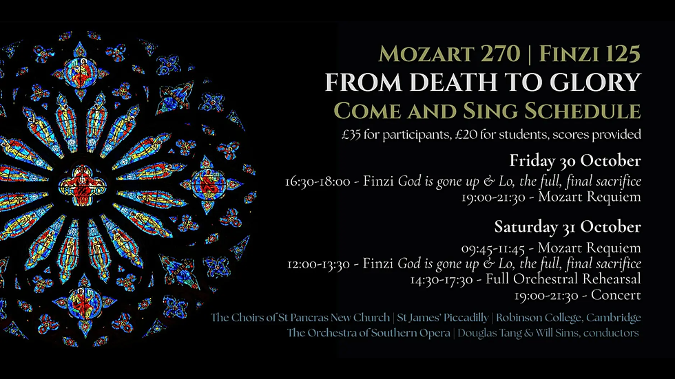 St Pancras Church, Euston Road. Mozart and Finzi Come and Sing, 30 Oct form 4.40pm and 31 Oct from 9.45am