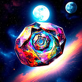 a spiraling multi- colored crystal stone with a cosmic background of stars, comics and moo