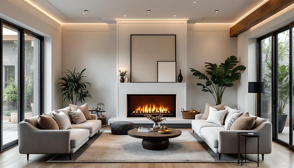 Modern living room with two gray sofas, fireplace, potted plants, and large windows. Neutral tones create a cozy, elegant ambiance.