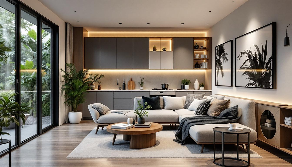 Modern living room with gray couch, wooden tables, and plant decor. Large windows show greenery. Soft lighting and palm artwork create a cozy vibe.