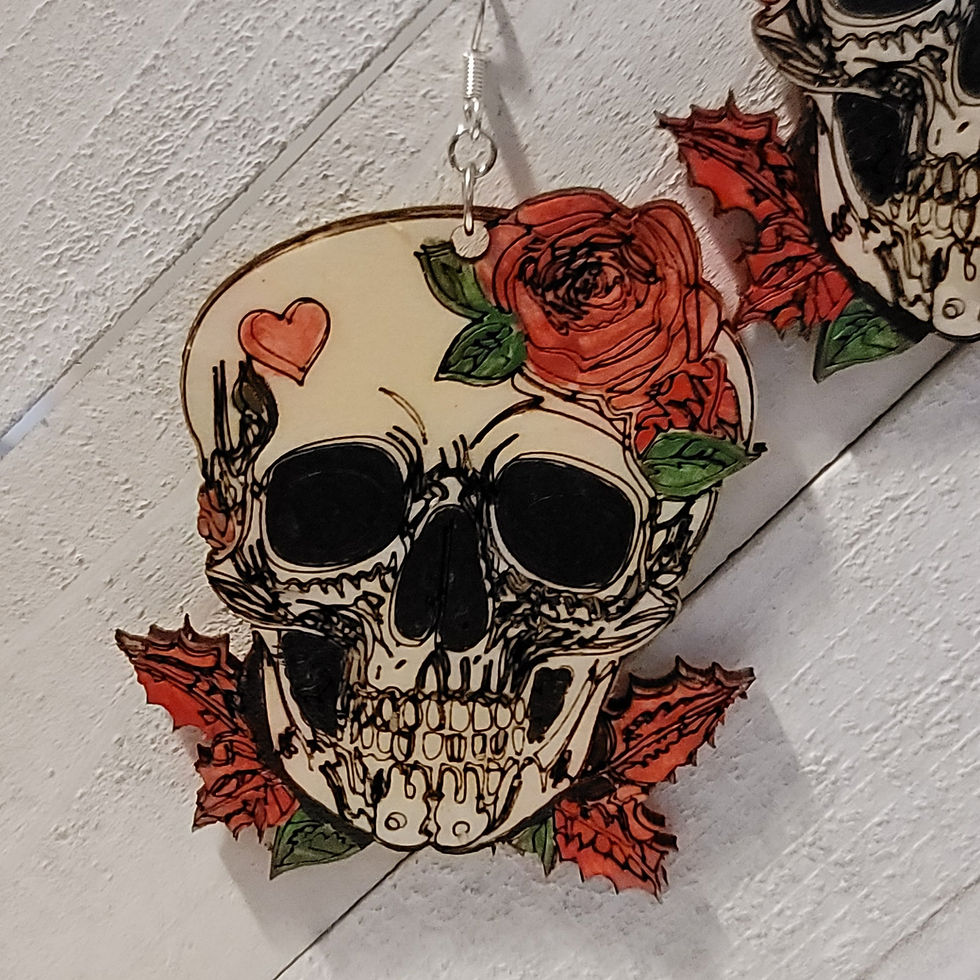 サムネイル： Large Skull With a Rose and Heart Earrings