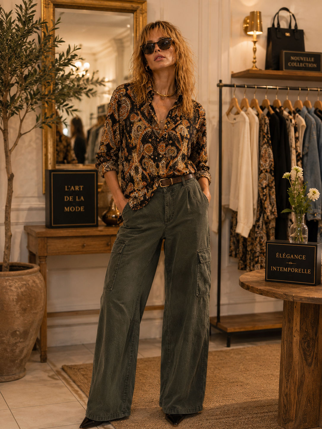 Chemise cachemire noir et camel