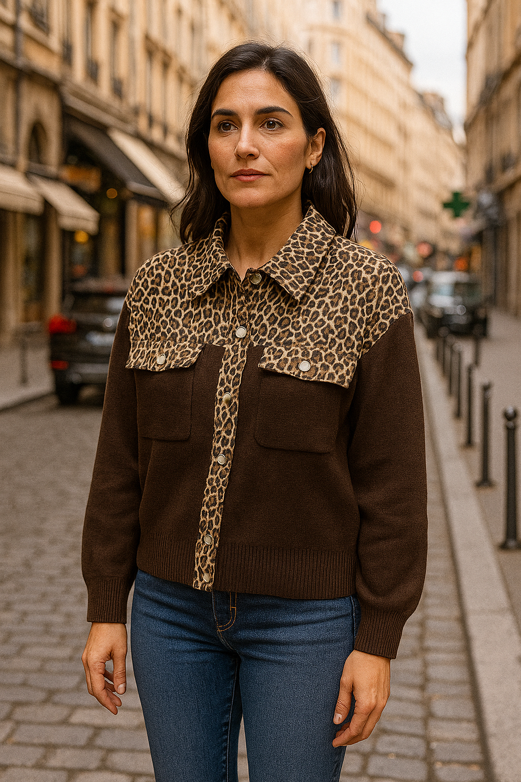 Veste chocolat et léopard 