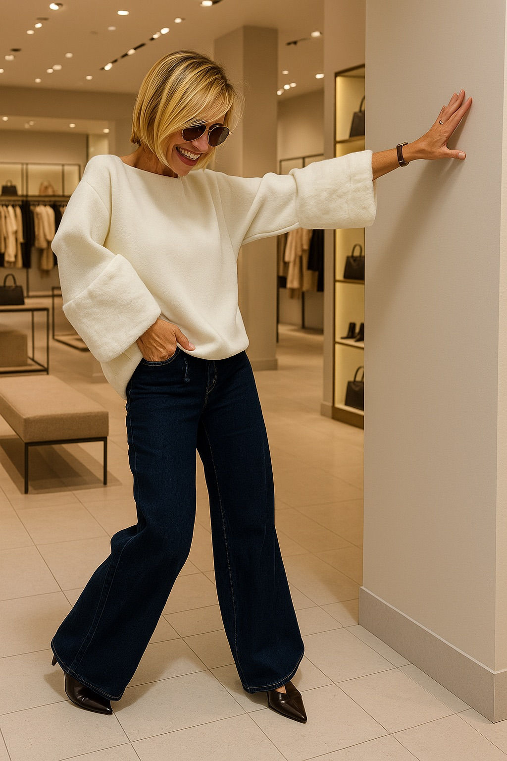 Pull blanc manches fourrure 