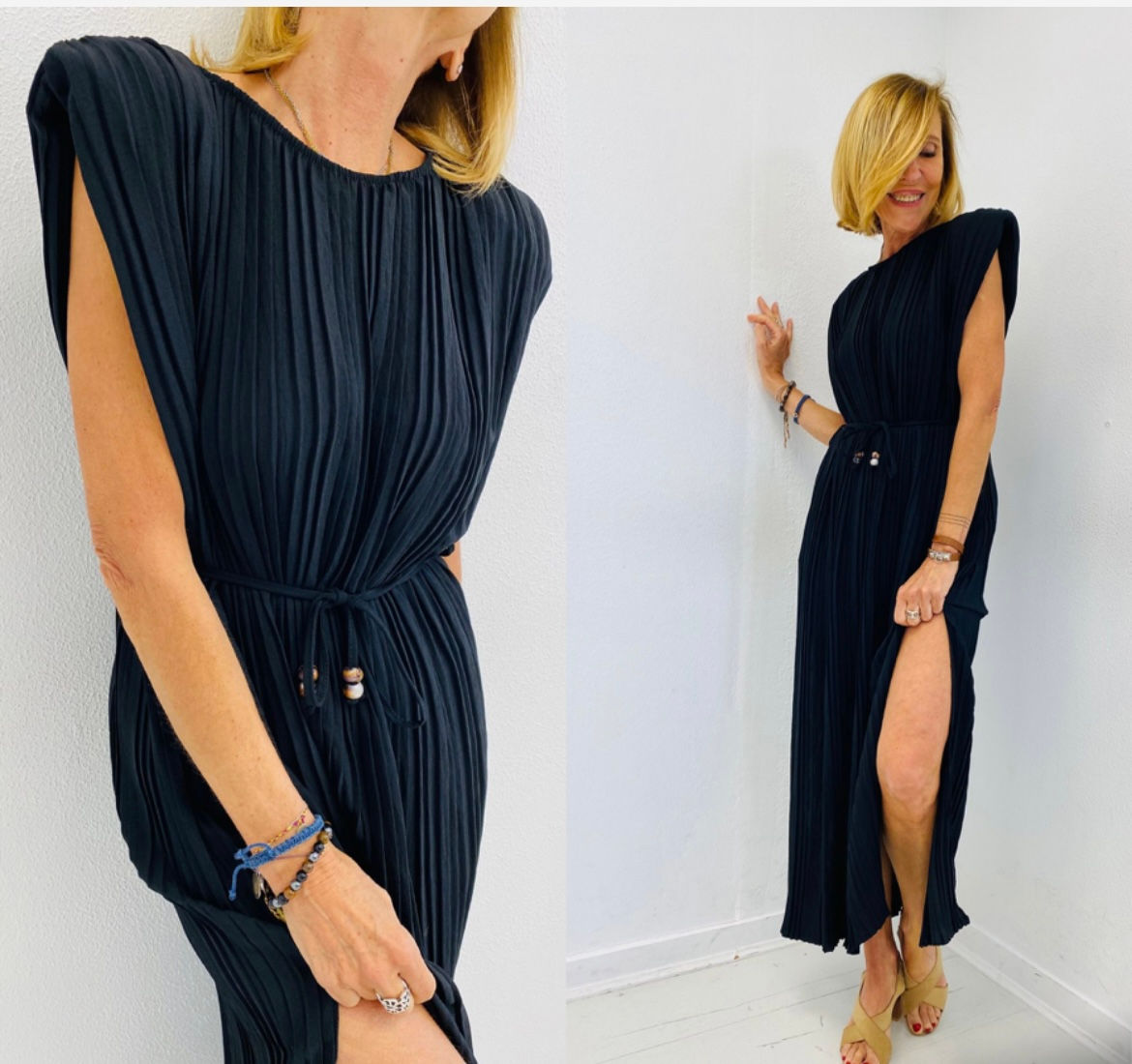 Robe plissée noire avec ceinture 