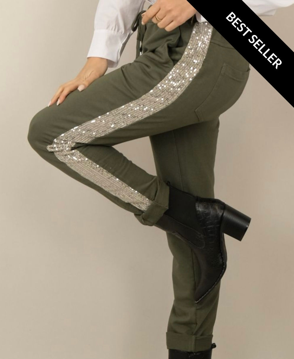 Pantalon kaki avec bandes strass 