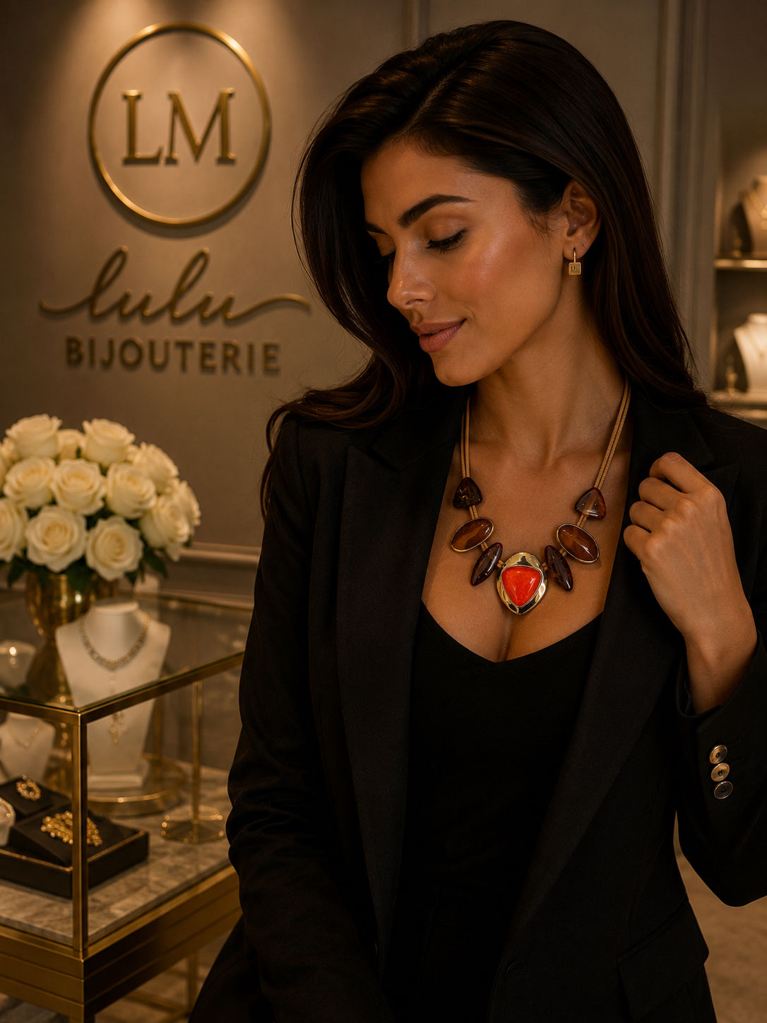 Collier pierre marron et orange