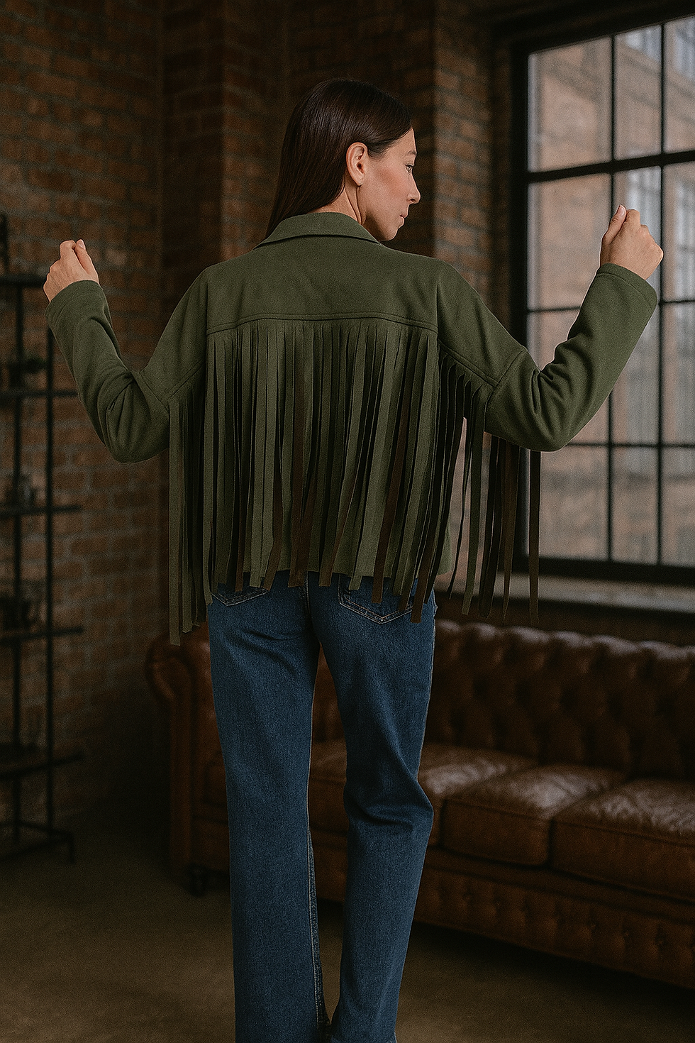 Miniature : Veste suédine kaki à franges 