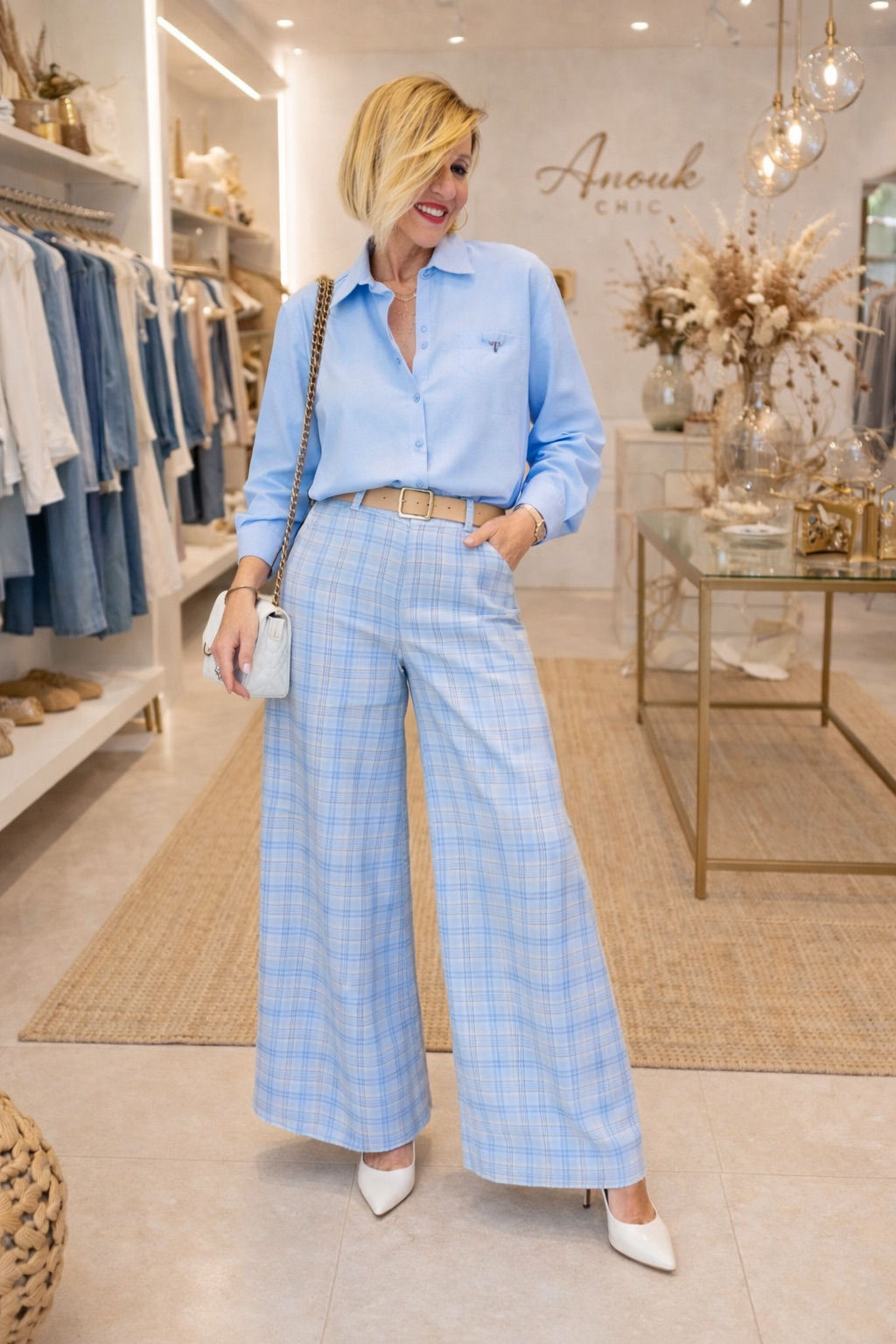 Pantalon à carreaux bleu ciel 