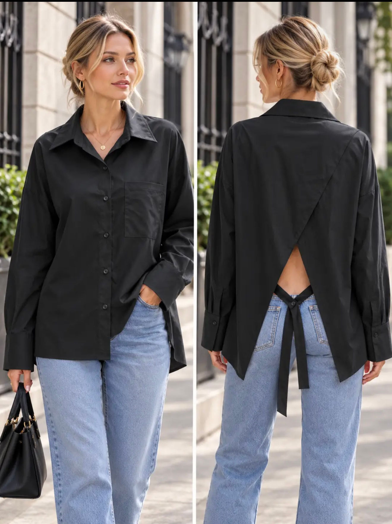 Chemise noire ouverte dans le dos