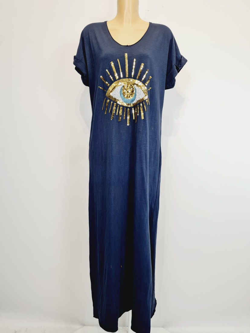 Robe tee-shirts oeil strass bleu marine