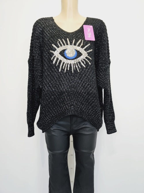 Pull noir maill brillante oeil 