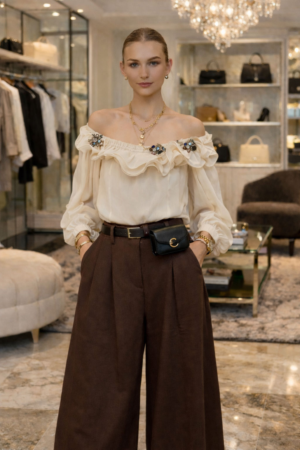 Blouse création beige et strass