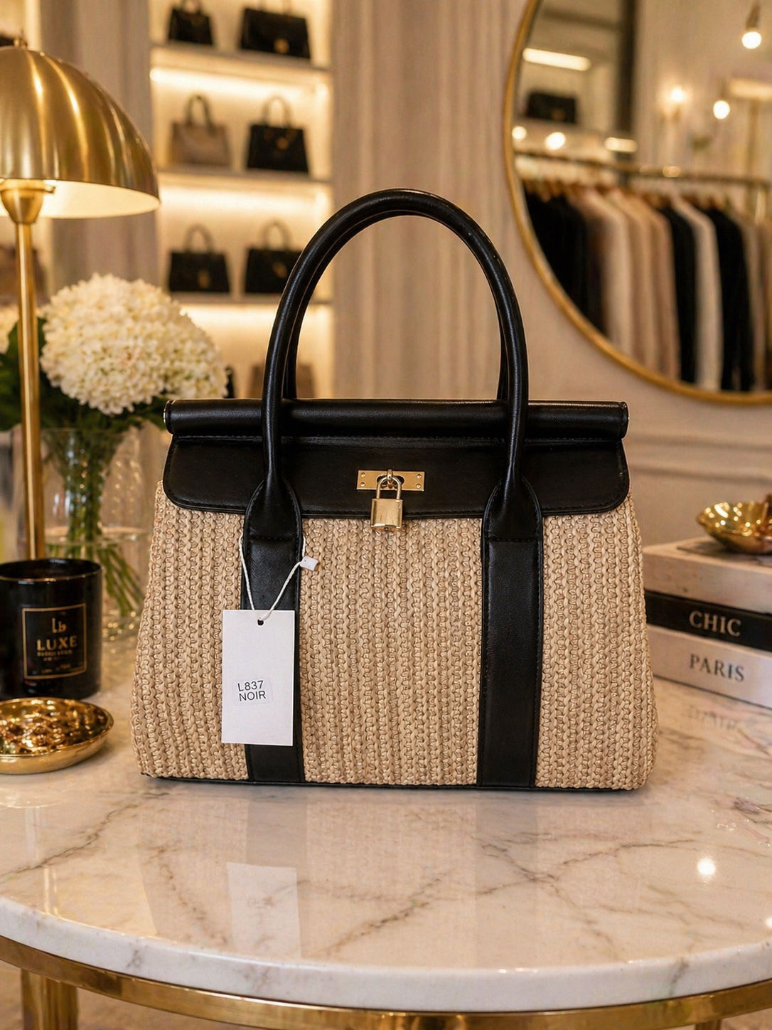 Sac osier et similicuir noir inspiration couture
