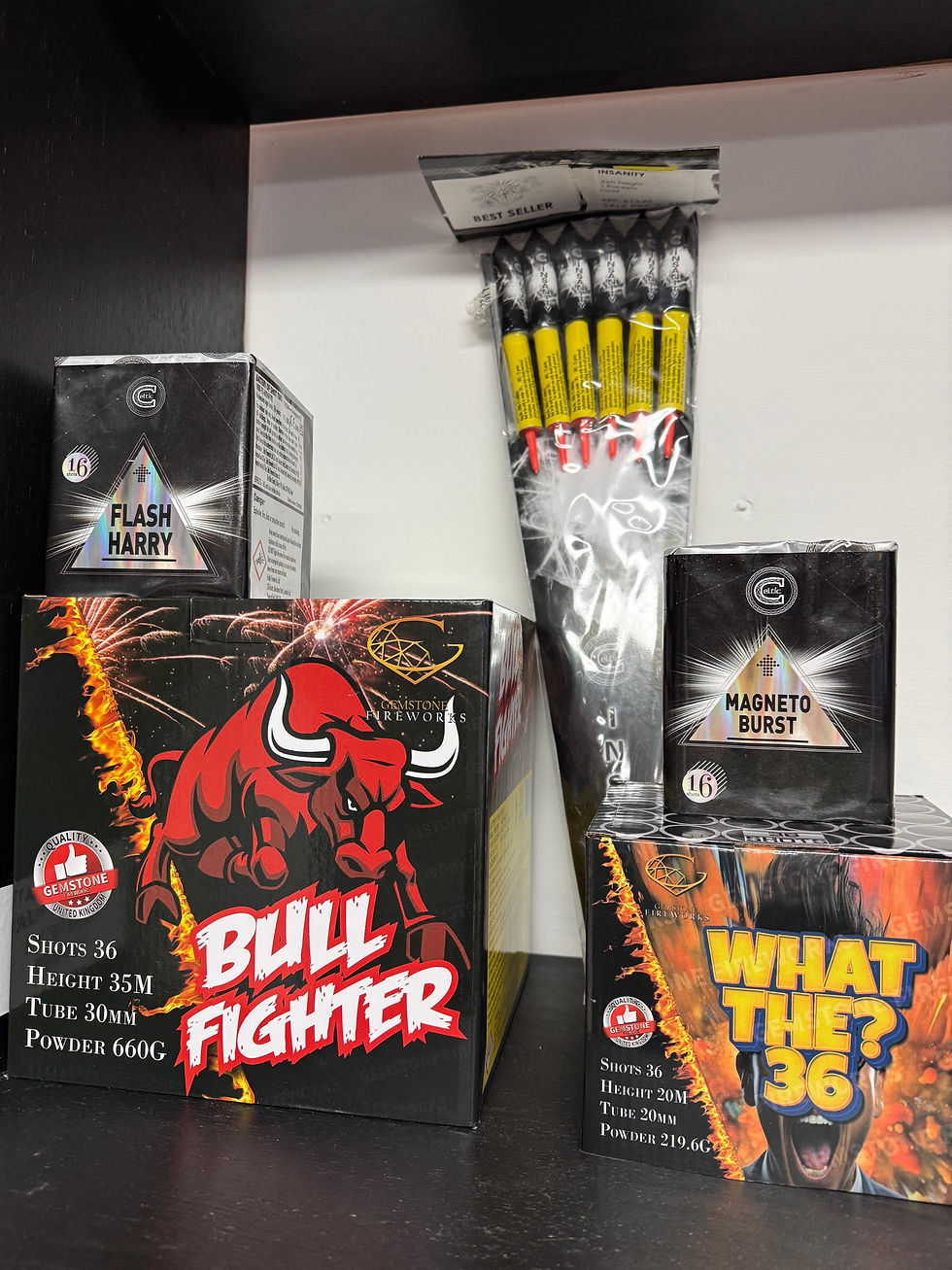 fireworks on a shelf