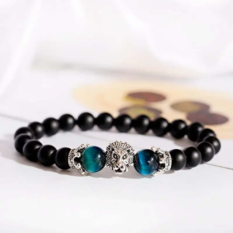 Thumbnail: Classic Crown Lion Unisex Bracelet Tiger Eye Onyx Stone Handmade Charm Bracelet