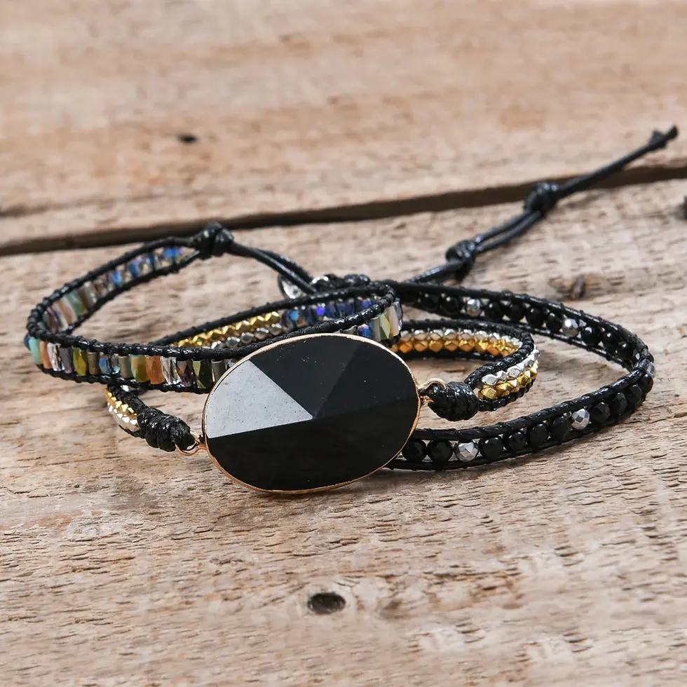 Thumbnail: Wrap Bracelet Natural Stone Beaded 3X Layers Statement Black Onyx Art Bracelet