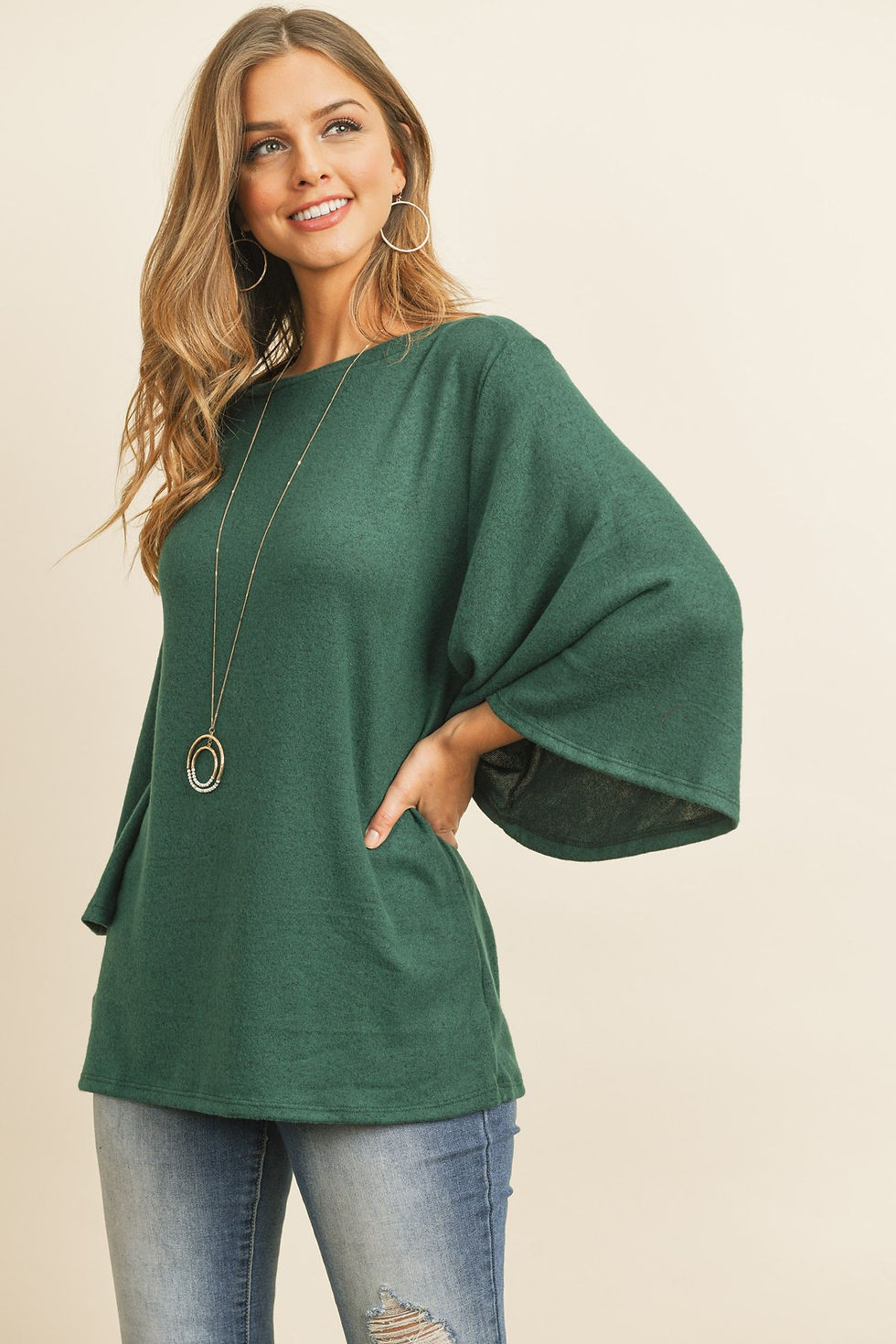 Thumbnail: Boat Neck Bell Sleeve Solid Hacci Brushed Top