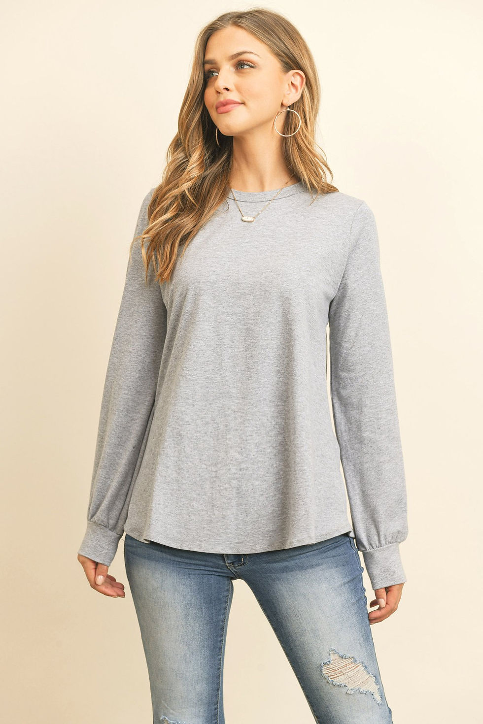 Thumbnail: Long Sleeve Round Neck Solid Top