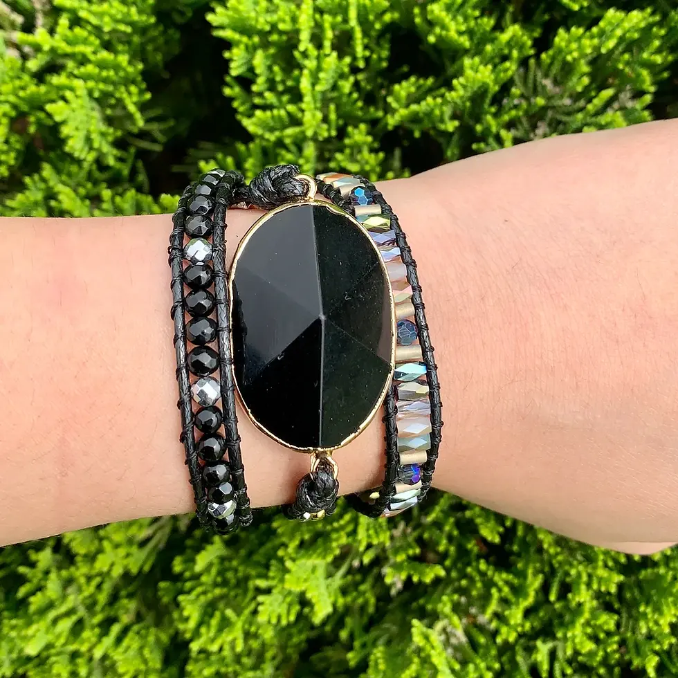 Thumbnail: Wrap Bracelet Natural Stone Beaded 3X Layers Statement Black Onyx Art Bracelet