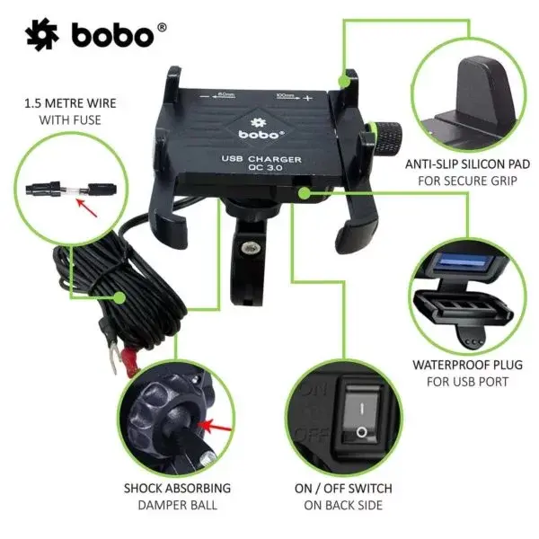 Thumbnail: BOBO BM5 Claw-Grip Aluminium Bike Phone Holder (With Fast USB 3.0 Charger)