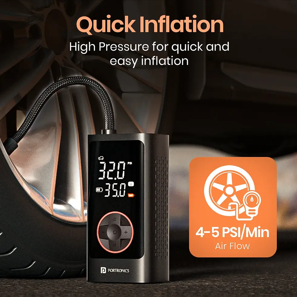 Thumbnail: Portronics Vayu 7.0 Portable Tyre Inflator for Car Bike Cycle with 150 PSI