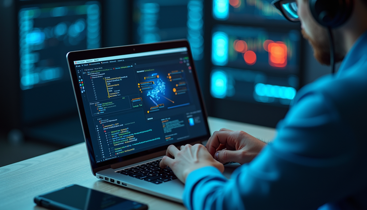 High angle view of a network engineer configuring Azure firewall settings on a laptop