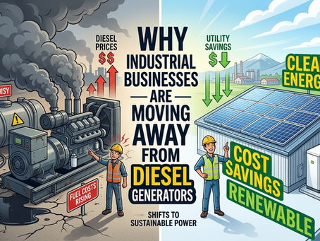 Split image comparing a smoking diesel generator with rising costs, vs clean solar and wind energy offering savings for industrial businesses.