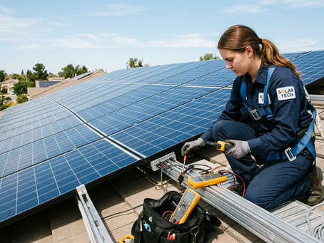 Solar panels installed on rooftop with technician checking system performance and maintenance to prevent common solar issues.