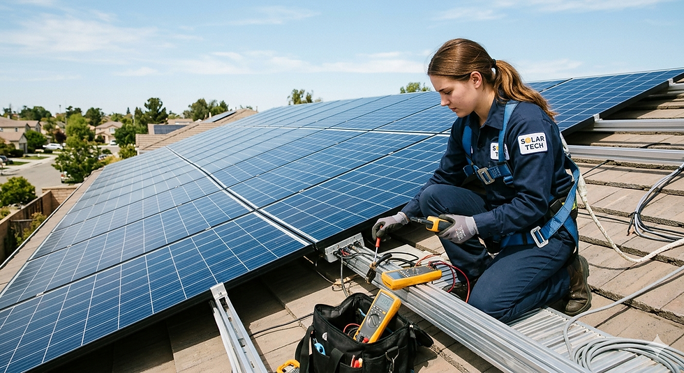 Solar panels installed on rooftop with technician checking system performance and maintenance to prevent common solar issues.