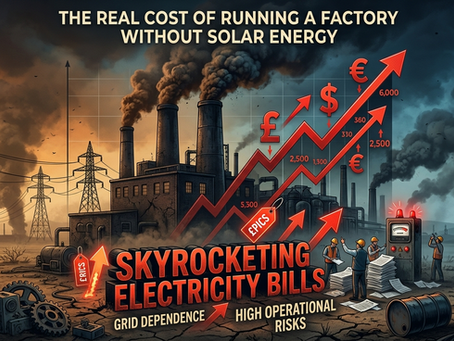 Graphic of factory with smoke, grid dependence, high risks, and chart showing massive red arrows and currency symbols labeled "Skyrocketing Electricity Bills."