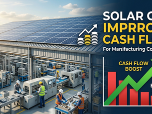 Solar panels on a factory roof with text: "Solar Can Improve Cash Flow for Manufacturing Companies" beside a chart showing rising cash and falling energy costs.