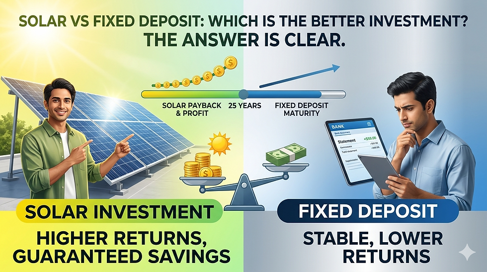 A split-screen comparison: On the left, solar panels and an arrow point toward a money bag; on the right, a bank vault and "Fixed Deposit" text with another arrow.