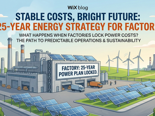 An illustration of a modern factory integrated with solar panels and wind turbines, featuring a headline about locking in 25-year energy strategies for cost stability.