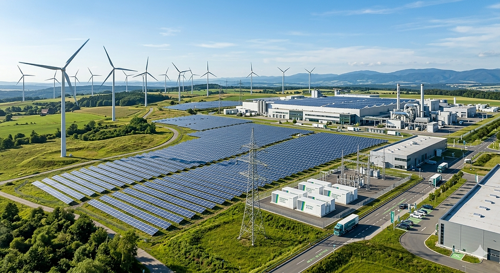 Aerial view of a modern industrial complex powered by integrated wind turbines, solar panel farms, and battery energy storage systems.