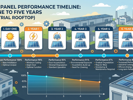 Timeline illustration showing solar panel performance from day one to five years after installation on an industrial rooftop