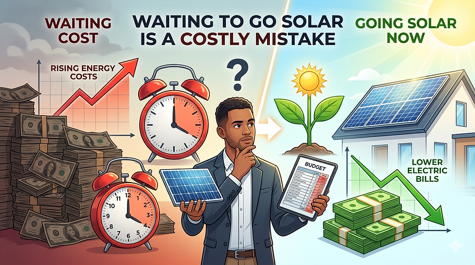 A man compares "Waiting Cost" with rising energy bills and clocks to "Going Solar Now," showing a sun-powered home and declining costs to highlight financial benefits.