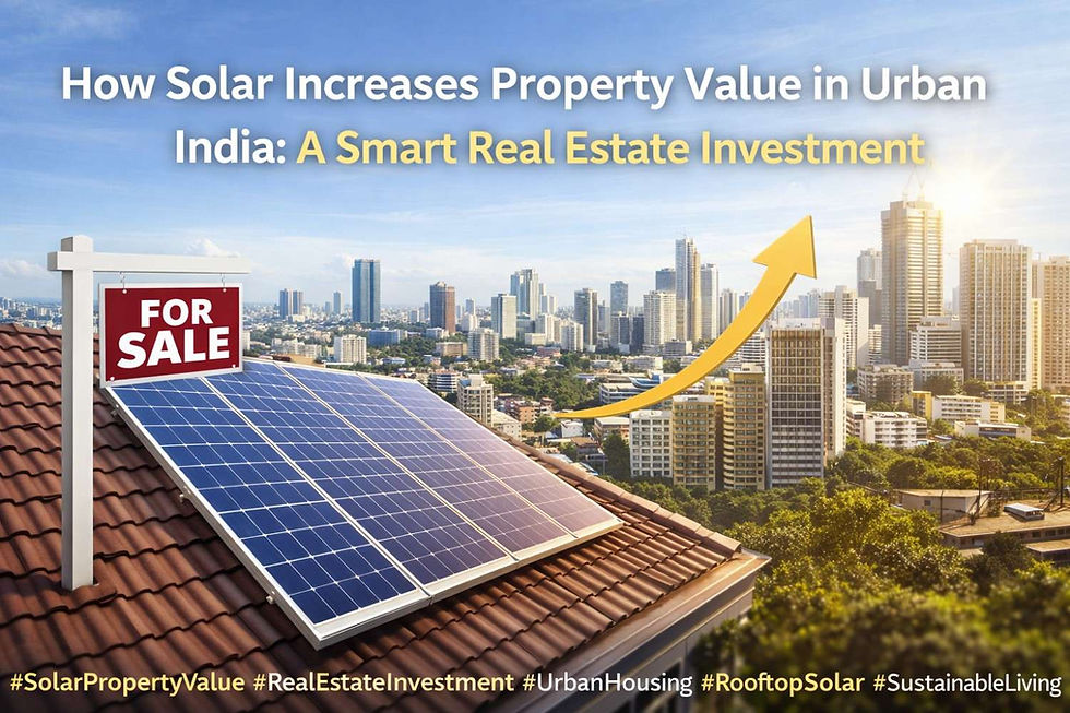 Rooftop solar panels installed on a residential property in urban India with a city skyline in the background and an upward growth arrow, illustrating how solar increases property value and supports smart real estate investment.