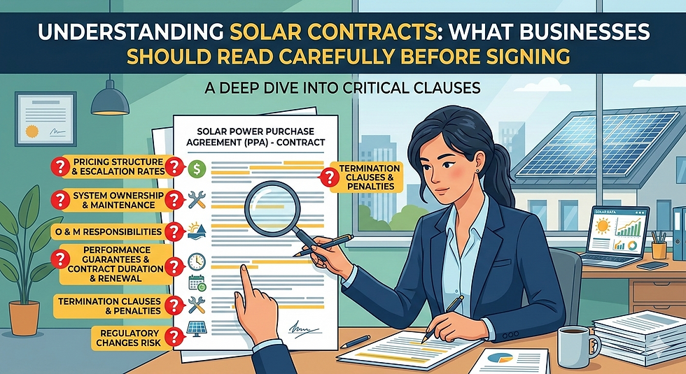An infographic-style illustration of a business professional reviewing a "Solar Power Purchase Agreement" with a magnifying glass, highlighting critical contract clauses like pricing, maintenance, and termination penalties.